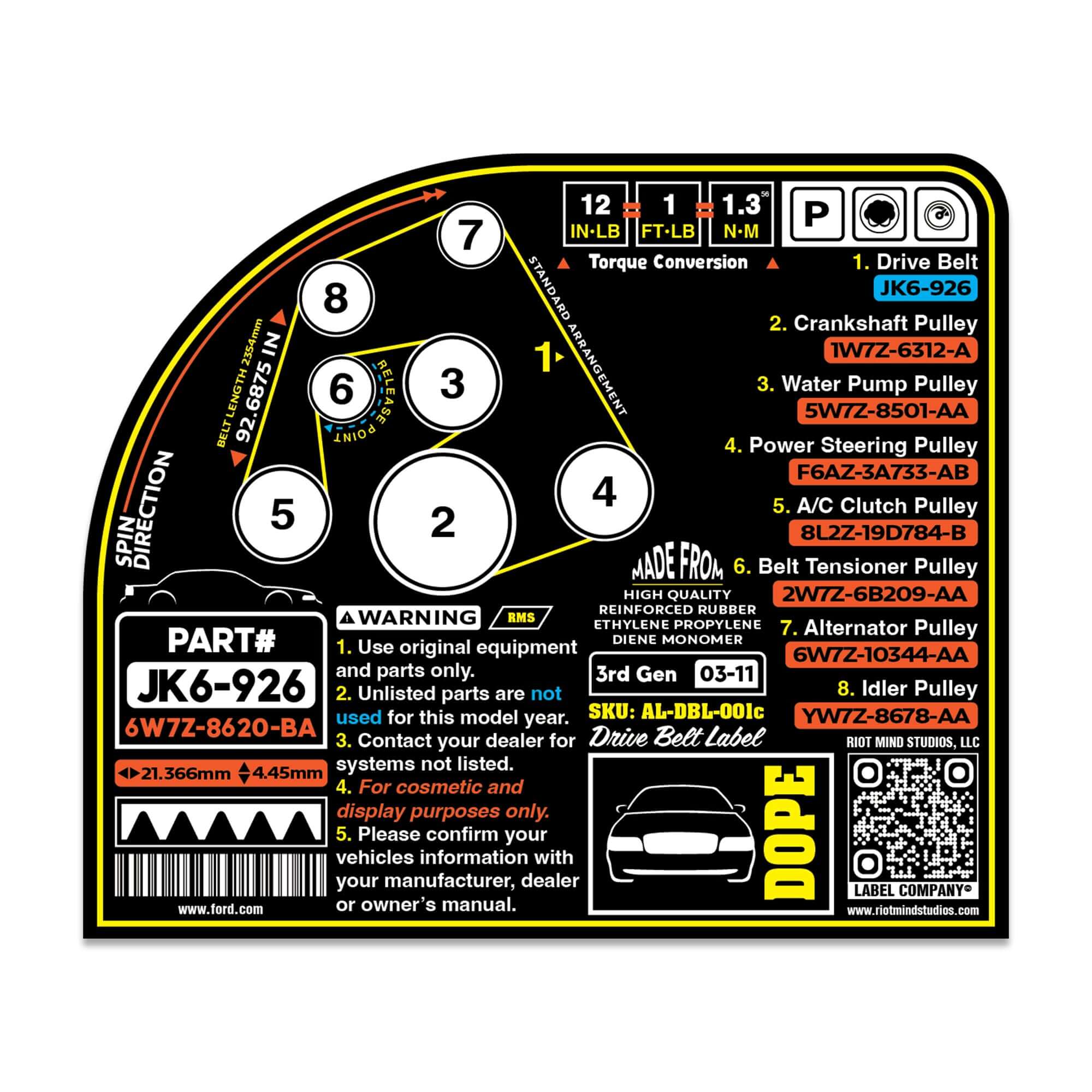 2003 - 2011 Panther Platform Drive Belt Label